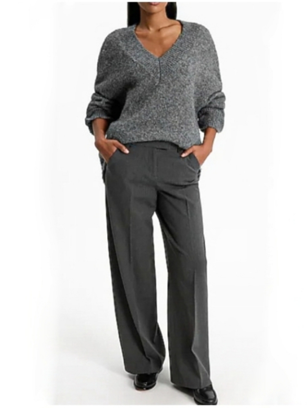 New Express Editor Womens Wide Flare Leg Dress Trouser Pants in Charcoal Gray